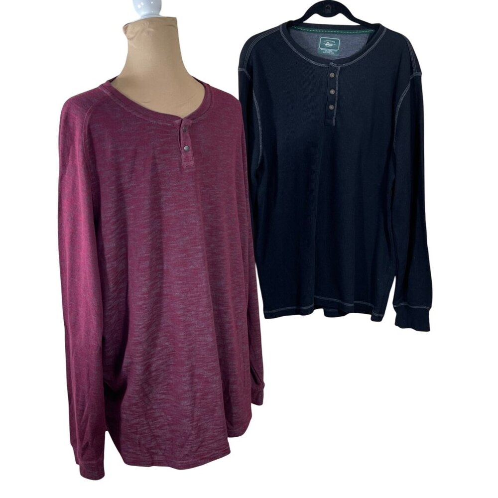 2 Men's Henley Thermal Shirts Bass George Black Maroon 2XL Long Sleeve